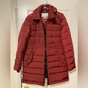NWOT Long Burgundy Down Feather Filled Adjustable Puffer Coat UK 12 CA 10 EU 28